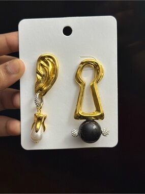 Schiaparelli Inspired Gold Drop Earrings with Black and Pearl Accents